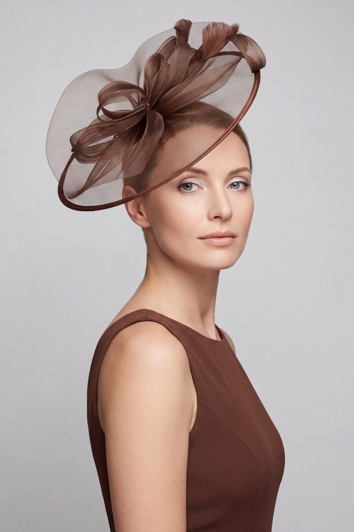 Women’s Mesh Disc Fascinator with Feather Trim, Loop Bow & Headband
