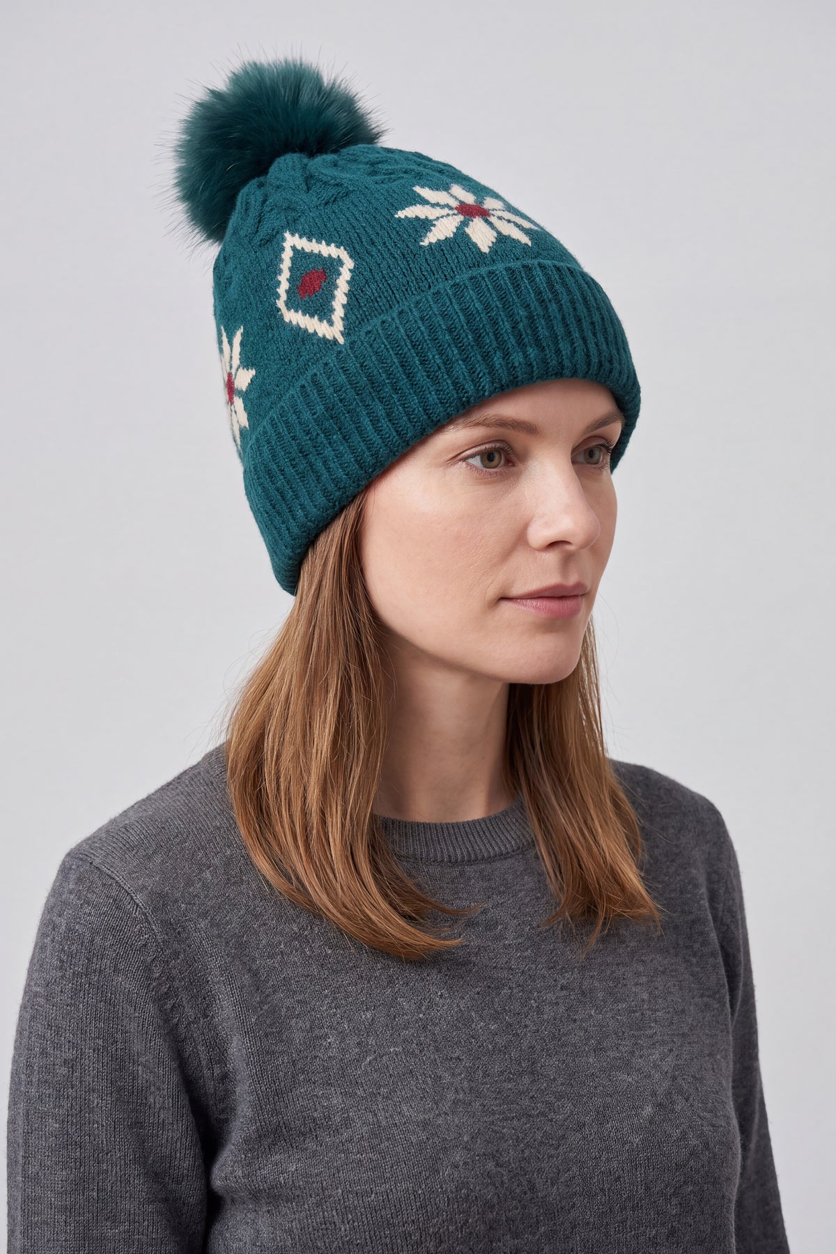 Women’s Nordic Pattern Faux Fur Pom Bobble Hat