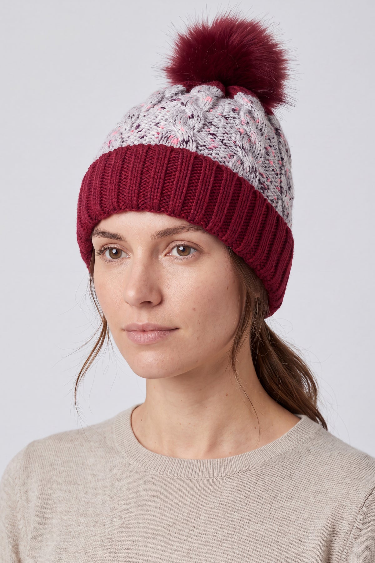 Women’s Two-Tone Cable Knit Faux Fur Pom Bobble Hat