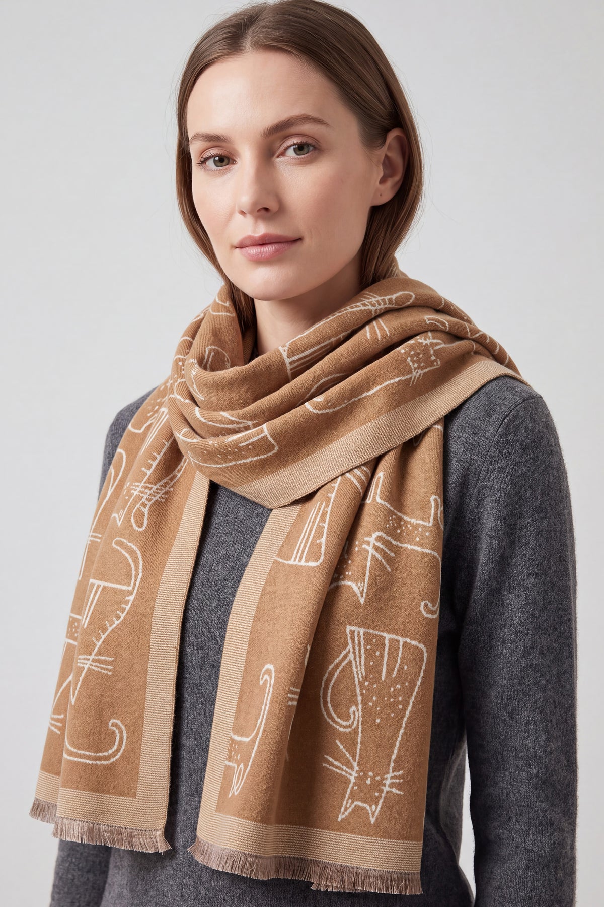 Women’s Playful Cat Motif Scarf with Contrast Border and Fringe