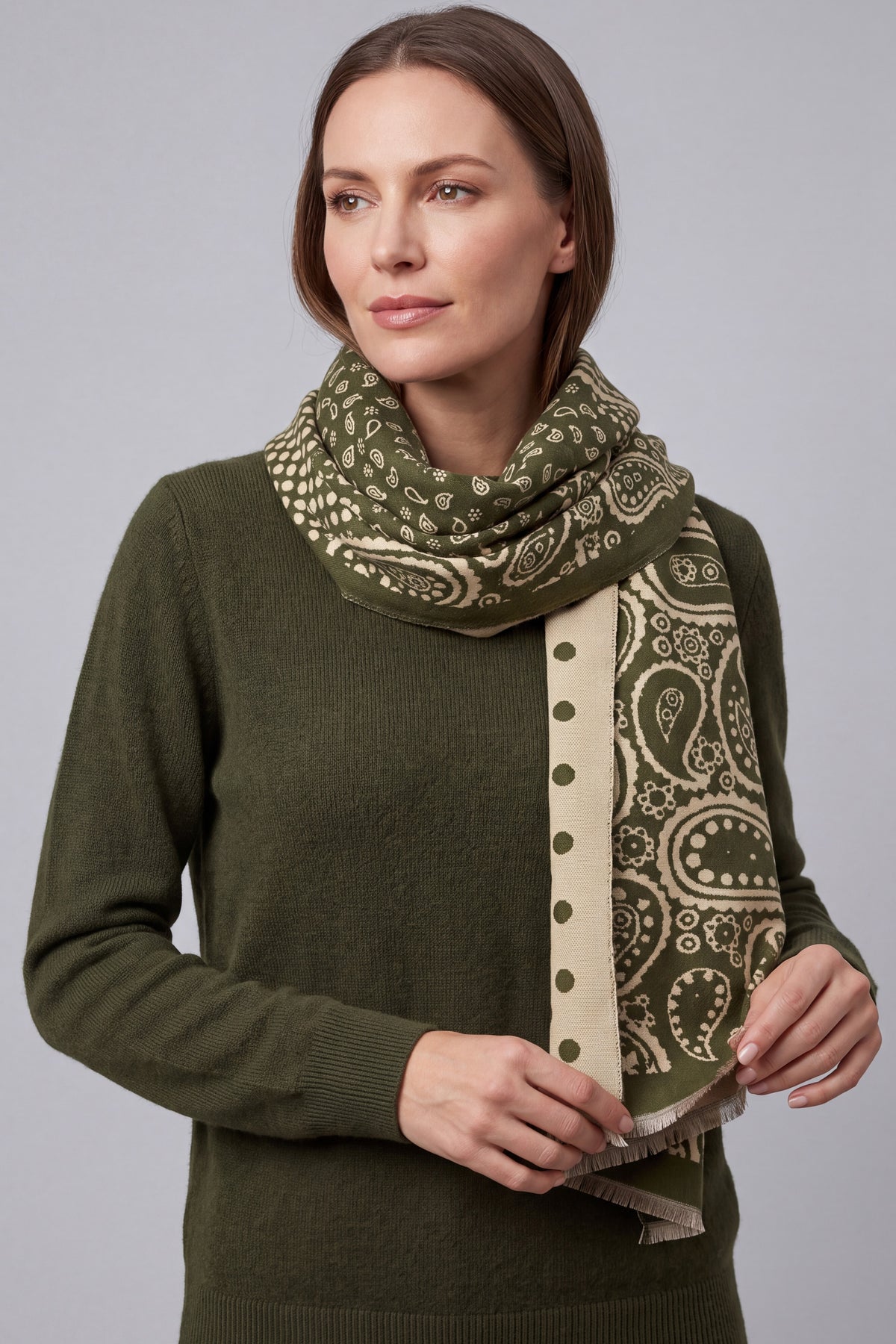Women’s Paisley and Polka Dot Woven Scarf with Fringed Edges