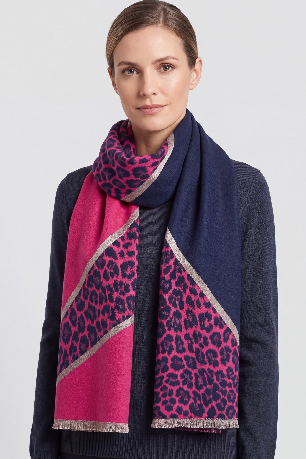 Women’s Leopard Pattern Colour Block Scarf with Fringe