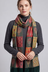 Women's Enchanted Forest Mosaic Scarf with Tassel Fringe