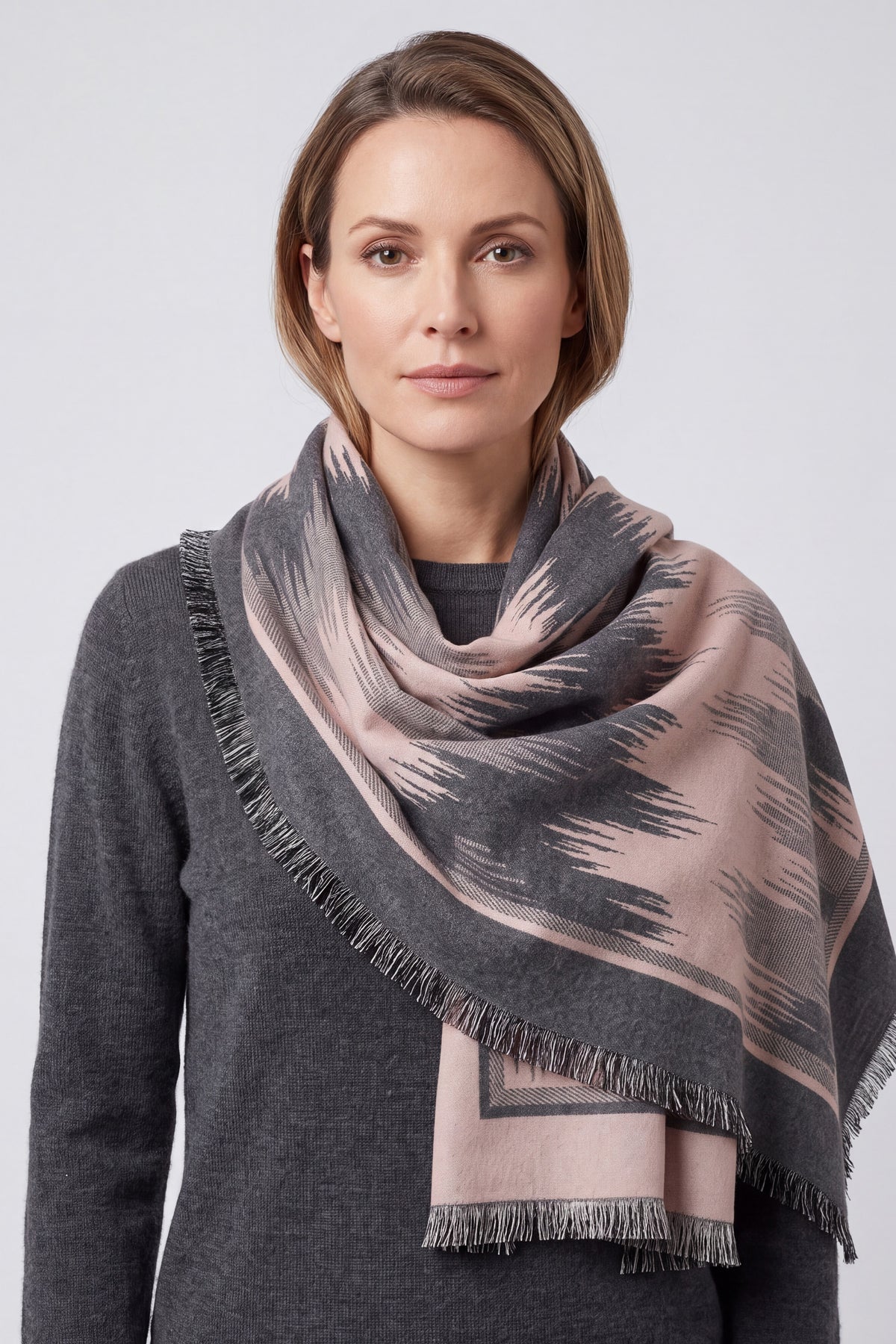 Women Abstract Pattern Woven Scarf with Fringed Edges