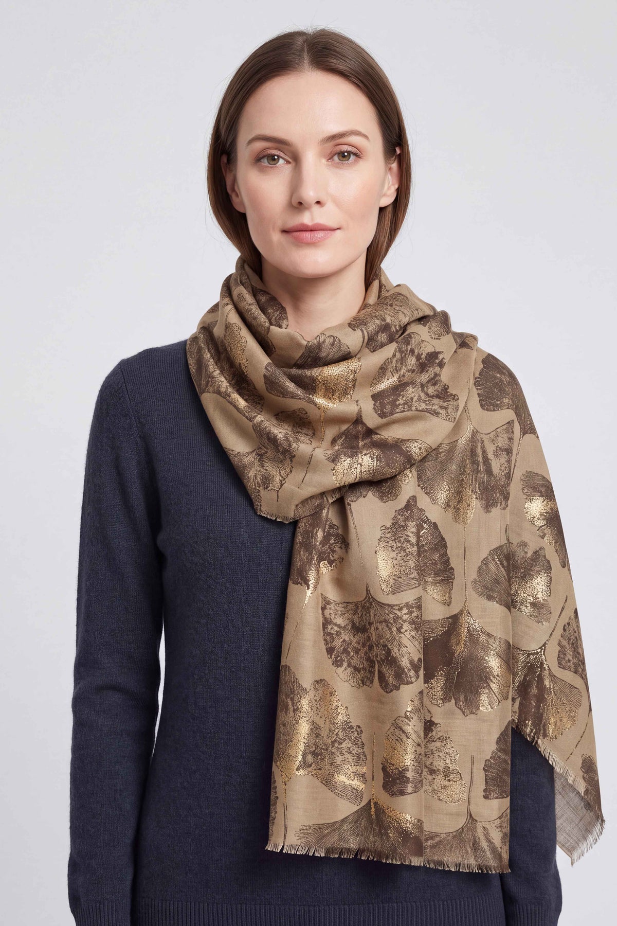 Women’s Metallic Ginkgo Leaf Print Scarf
