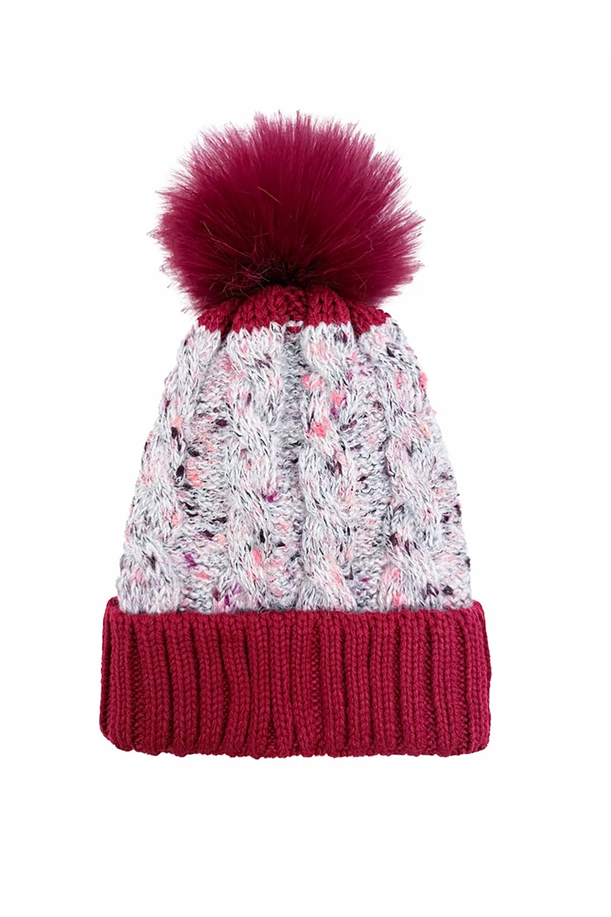 Women’s Two-Tone Cable Knit Faux Fur Pom Bobble Hat