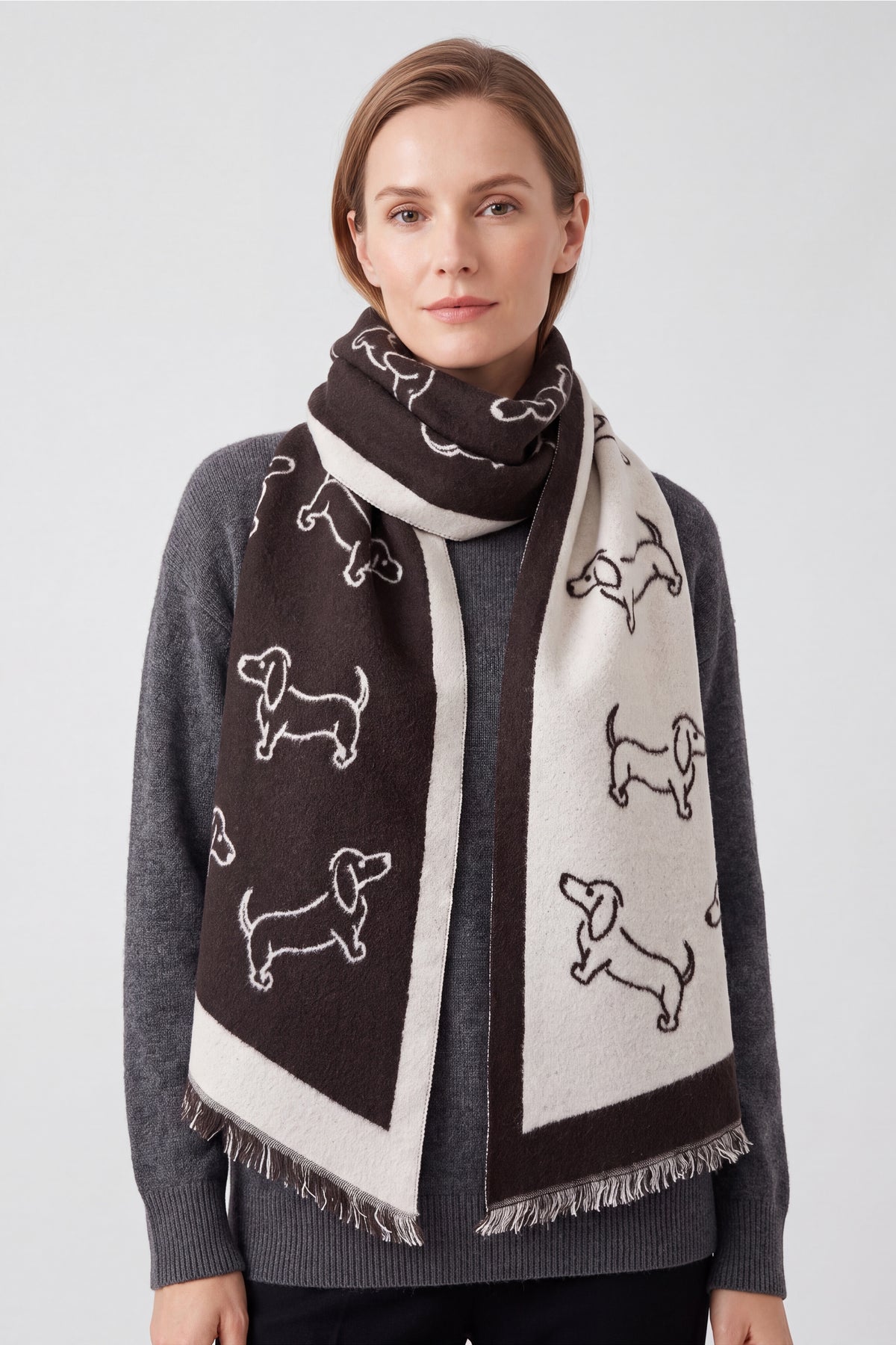 Women’s Dachshund Sausage Dog Print Scarf with Fringed Trim