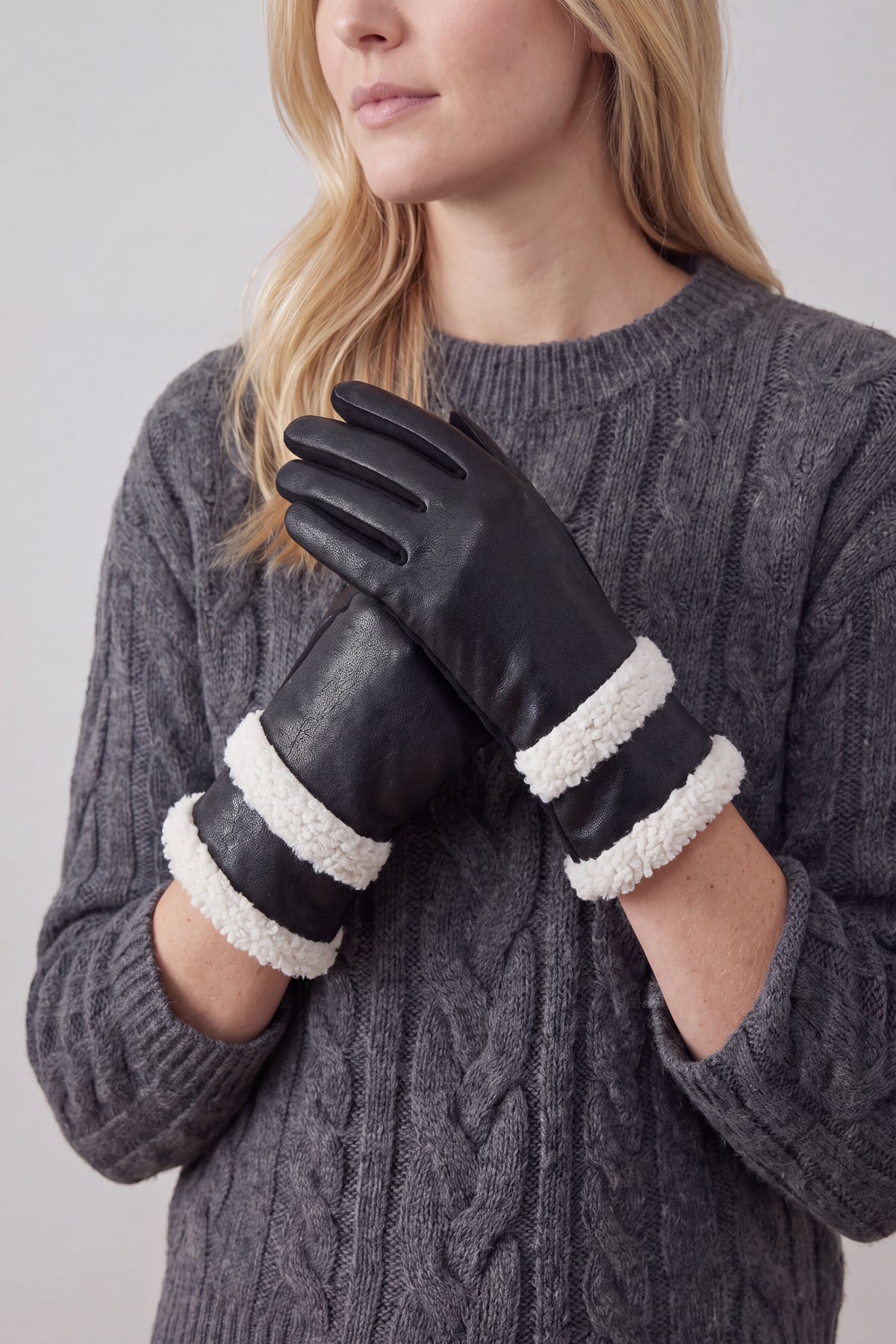 Women's Touchscreen Suede-Look Gloves with Double Faux Fur Trim