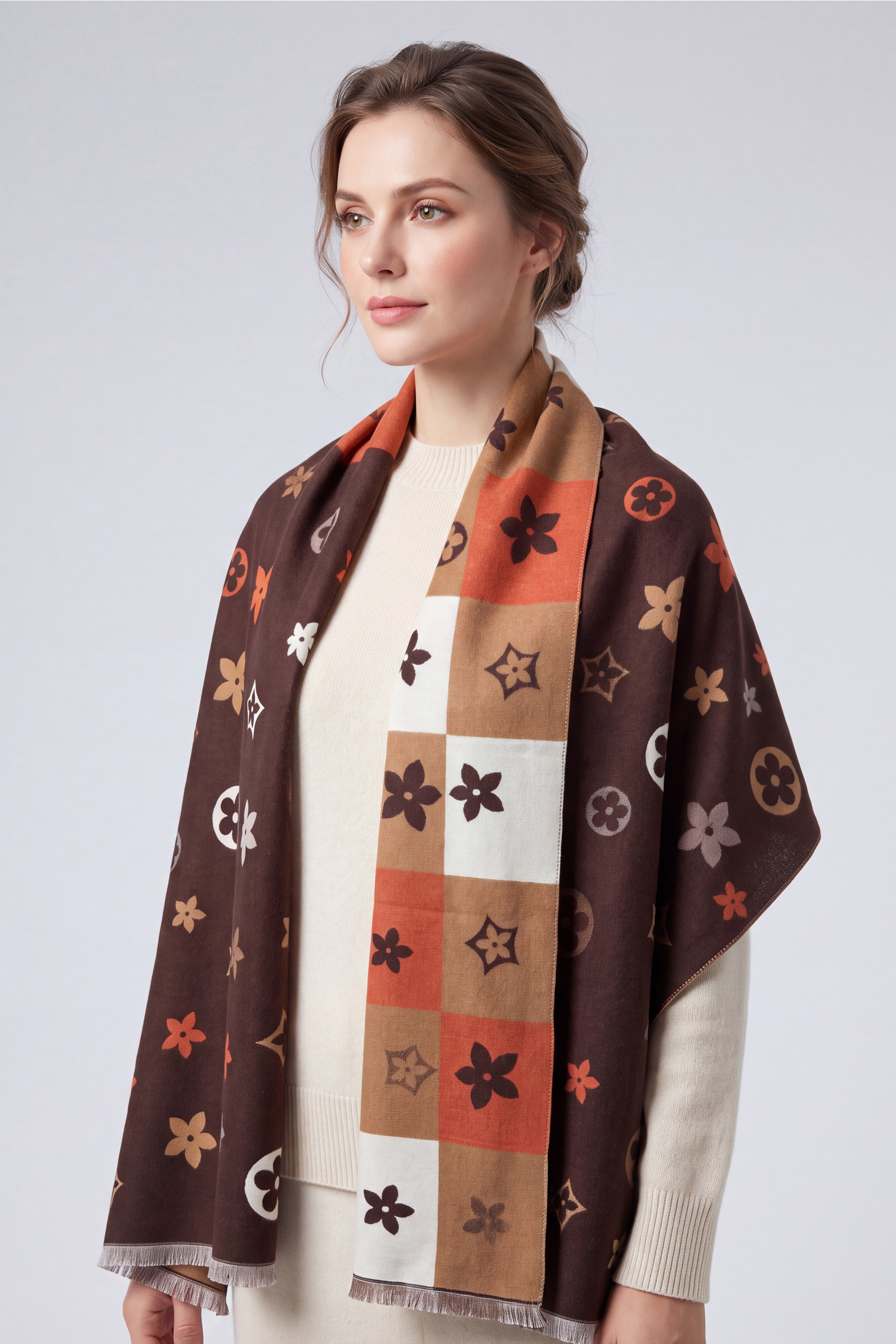 Women’s Reversible Floral Print Scarf – Soft Lightweight Fringed Wrap