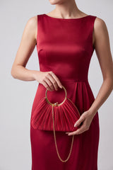 Pleated Satin Evening Bag with Gold Ring Handle