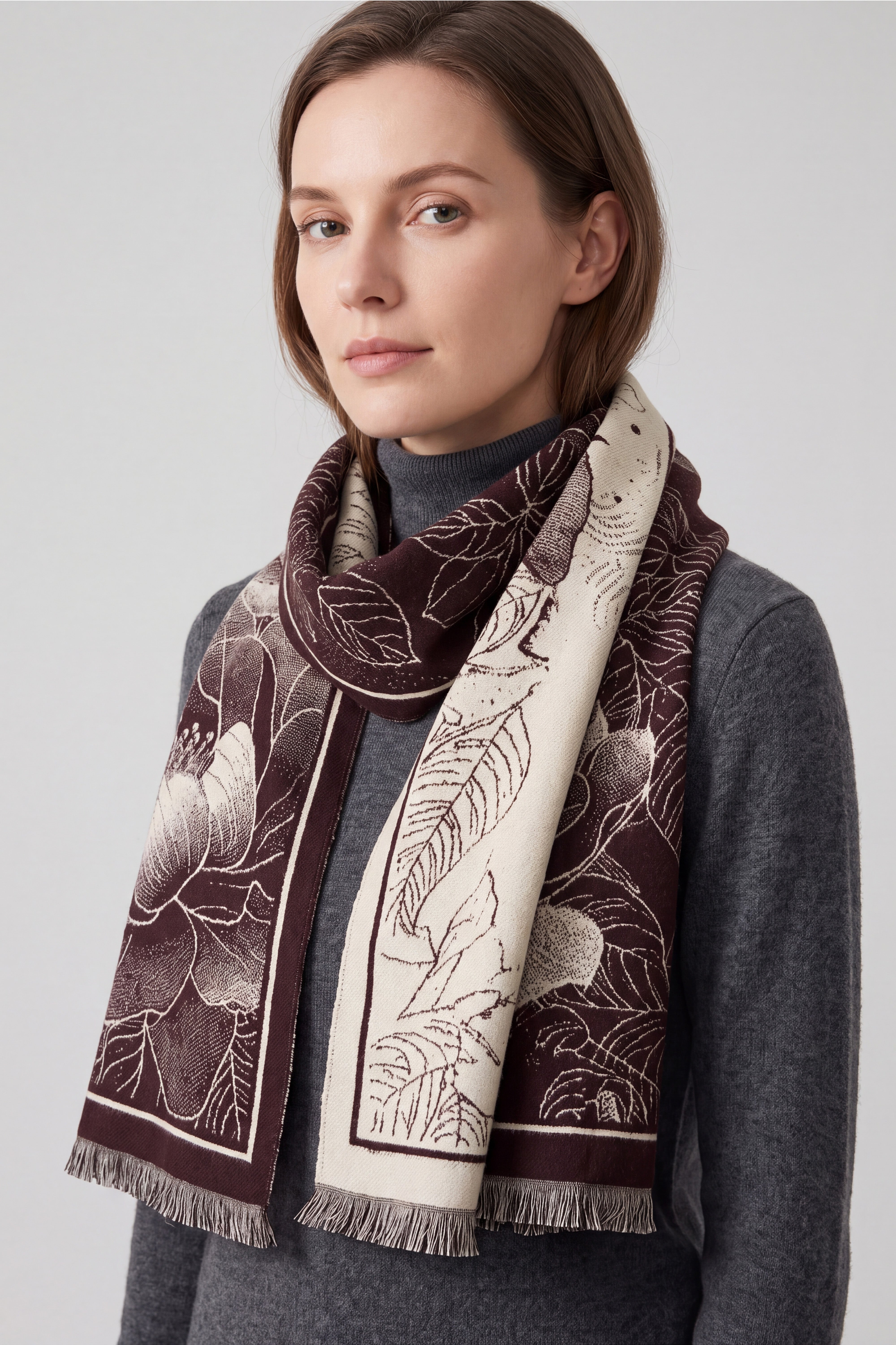 Women’s Botanical Floral Reversible Scarf with Fringed Trim