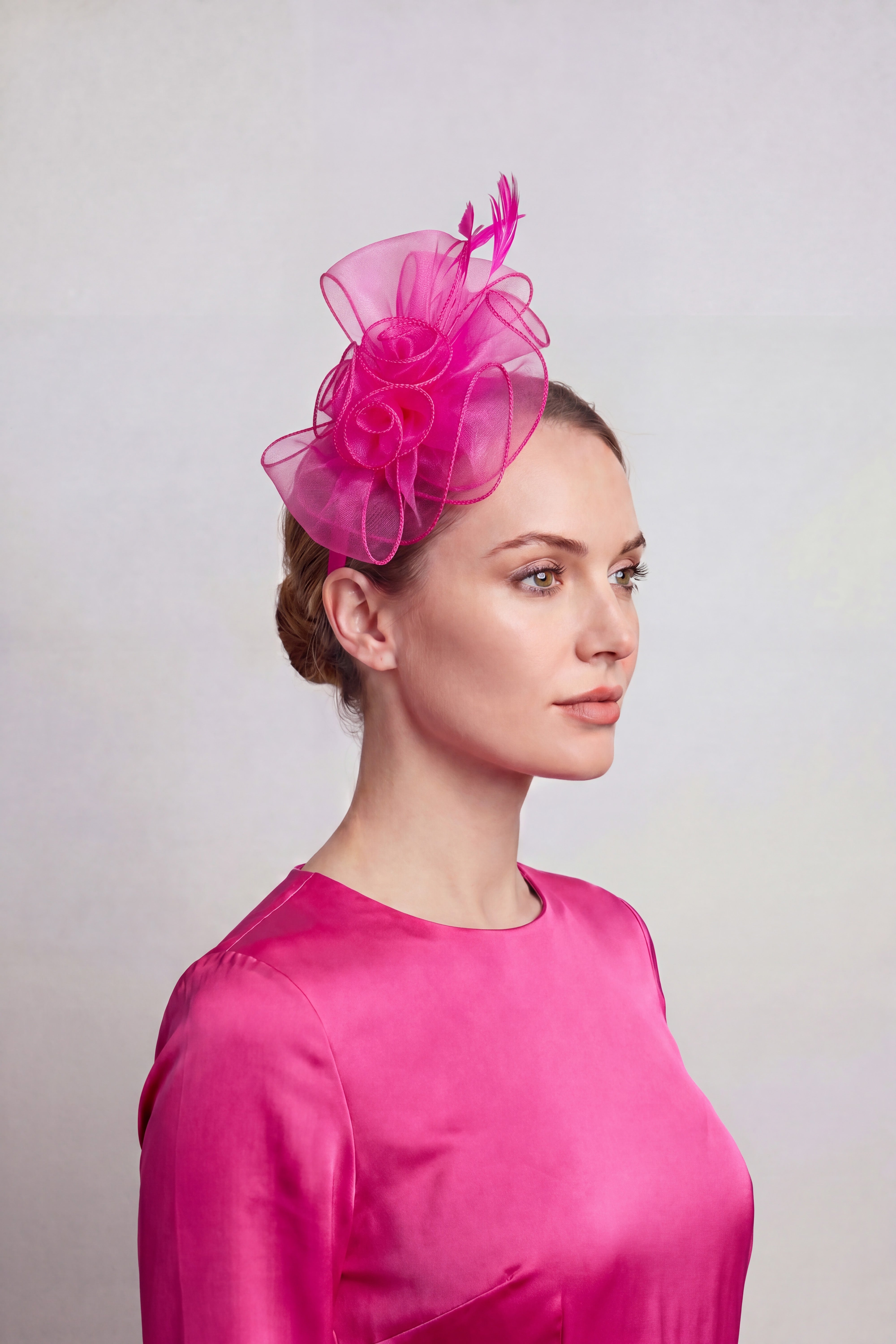 Elegant Organza Floral Fascinator with Feather Detail