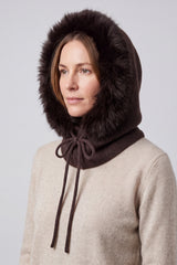 Women’s Faux Fur Trim Knitted Hood Scarf with Tie Fastening