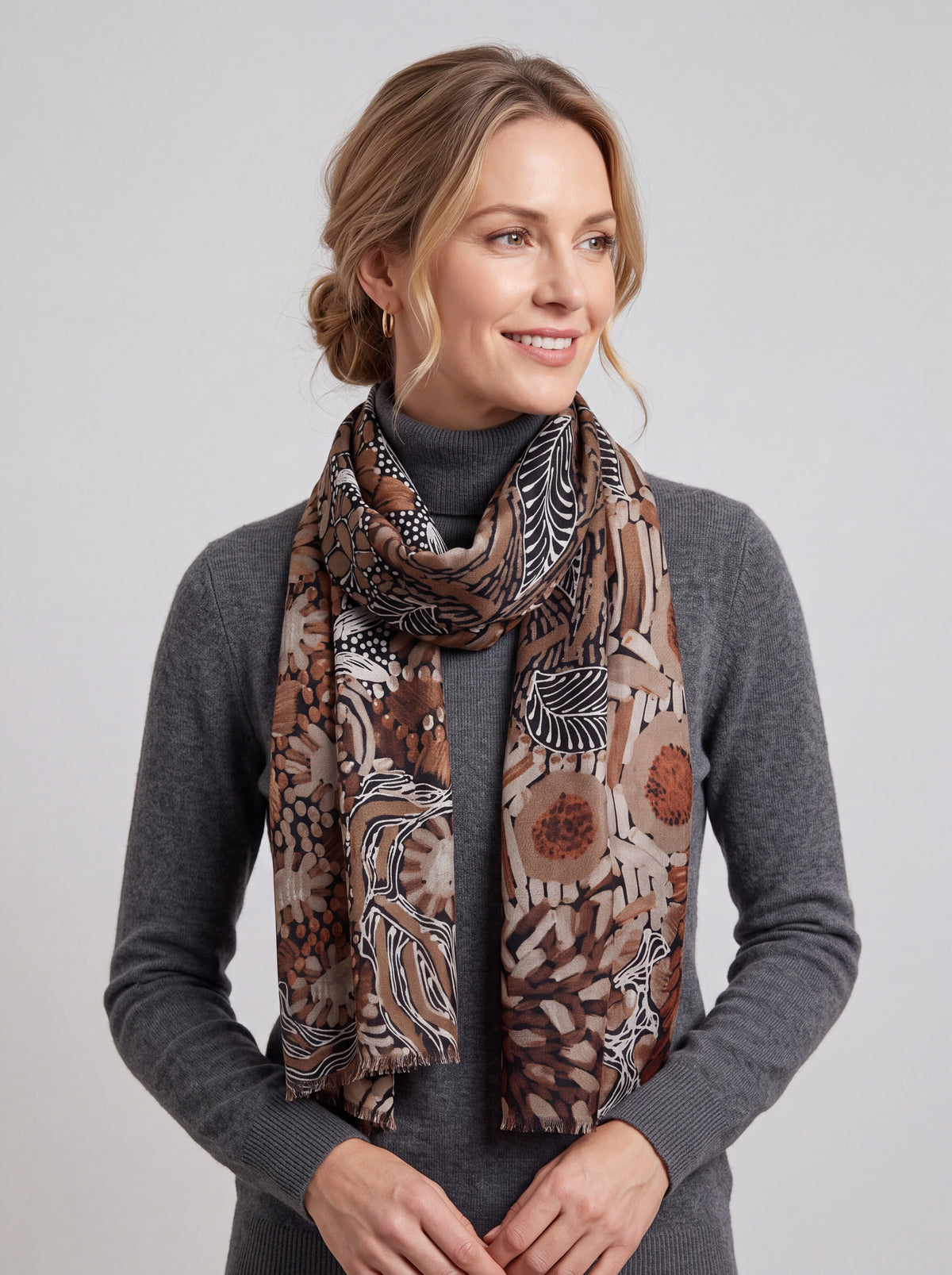 Women's Abstract Floral Print Lightweight Scarf with Frayed Edges