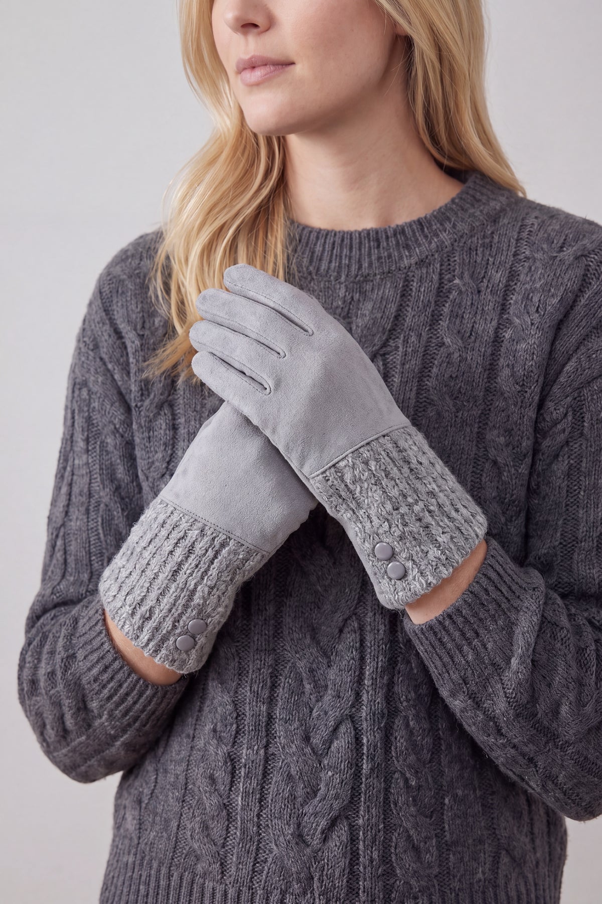 Women’s Faux Suede & Knitted Panel Button Detail Winter Gloves