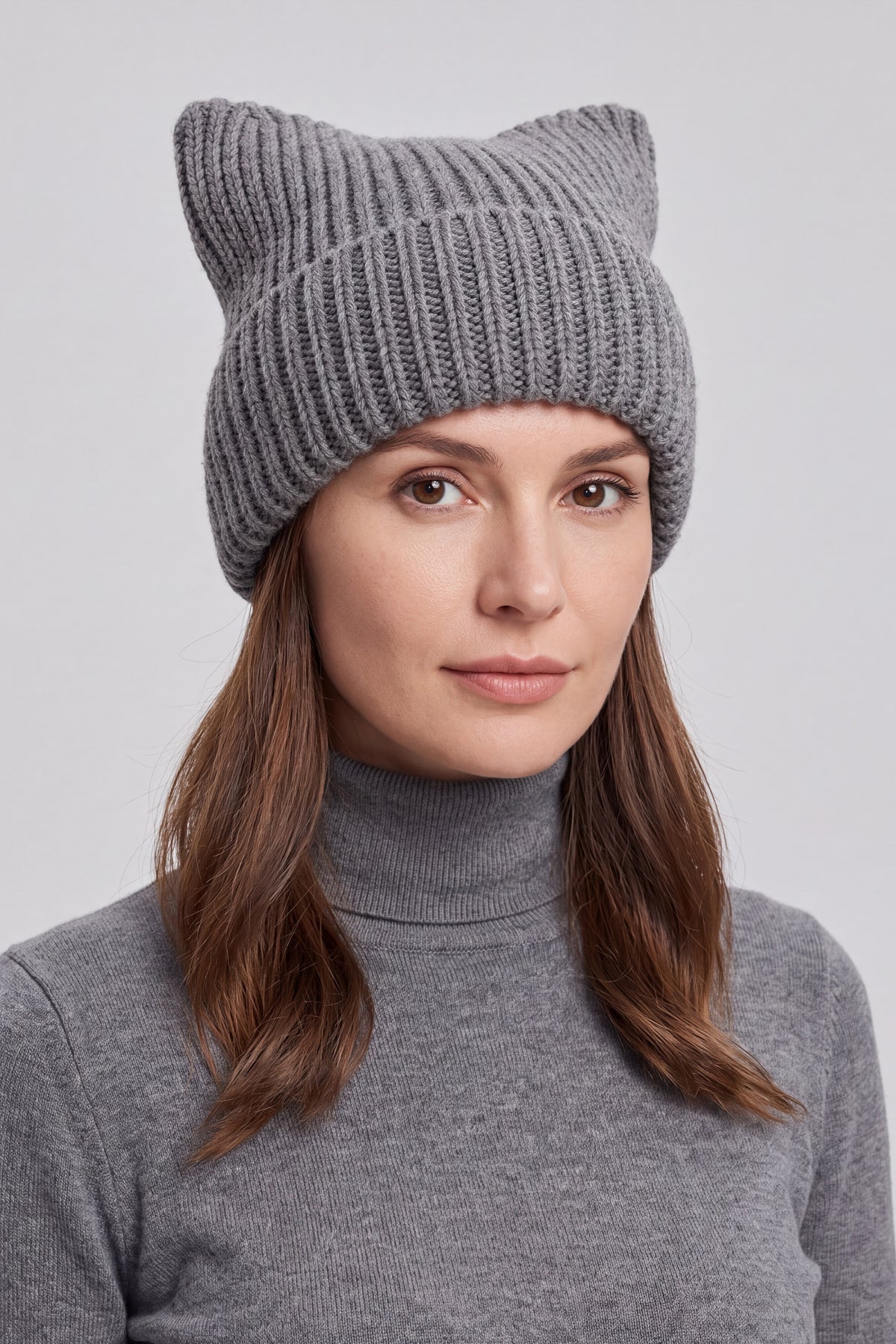 Women’s Ribbed Knit Turn-Up Cat Ear Beanie Hat