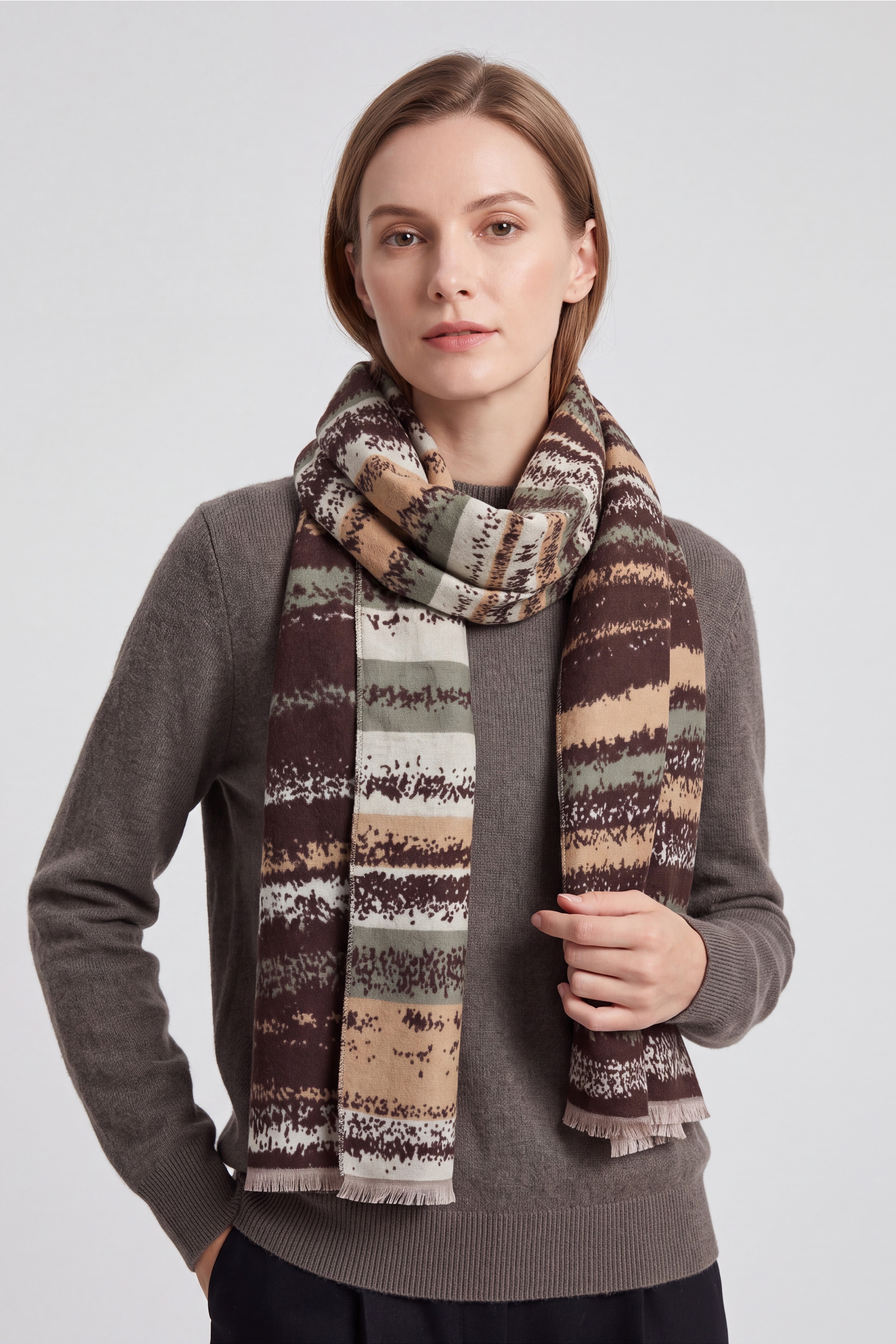 Women’s Abstract Stripe Print Scarf – Soft Lightweight Fringed Wrap
