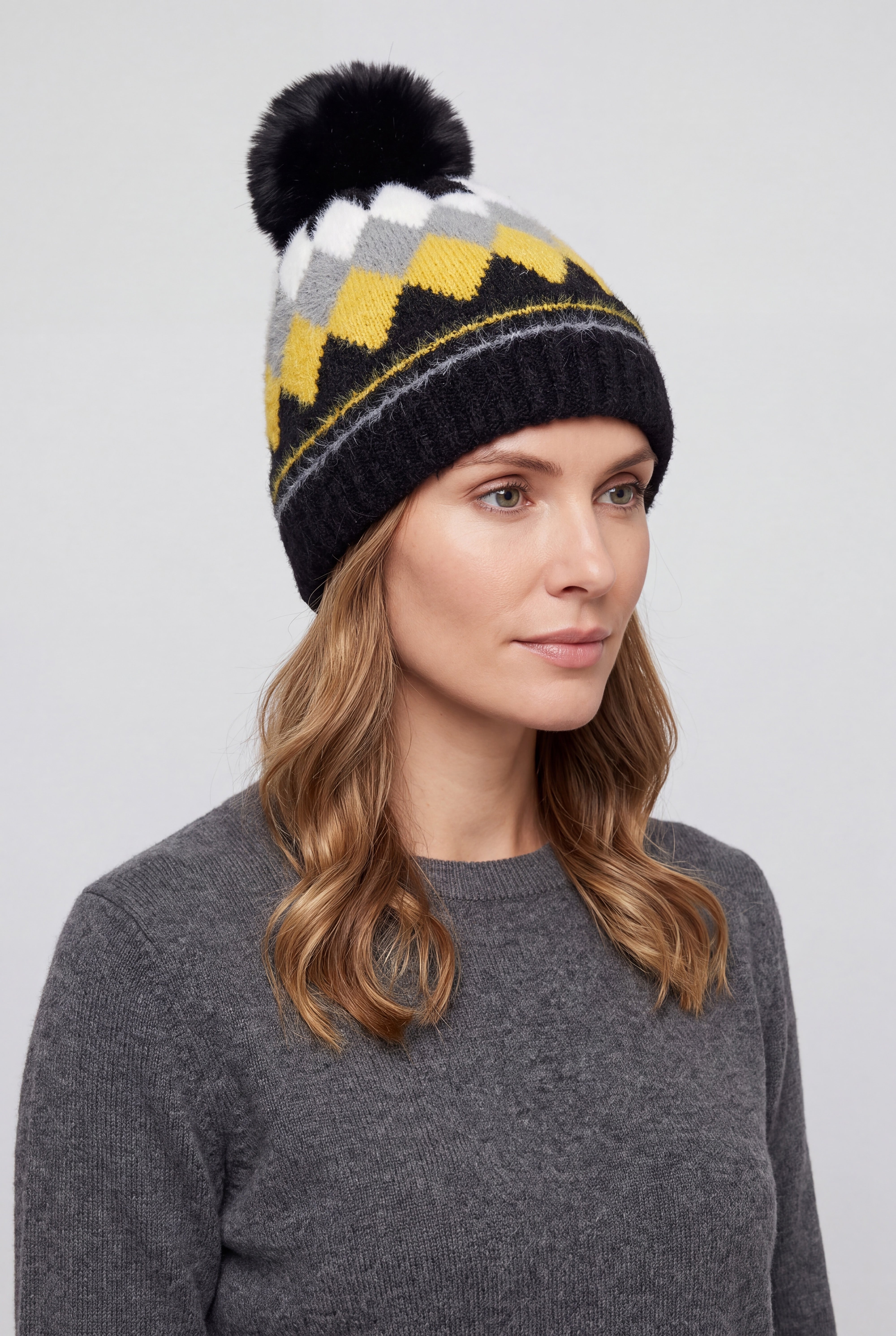 Colourful Diamond-Shaped Pom Pom Hat