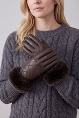 Women’s Faux Leather Diamond Stitch Faux Fur Cuff Glove