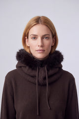 Women’s Faux Fur Trim Knitted Hood Scarf with Tie Fastening
