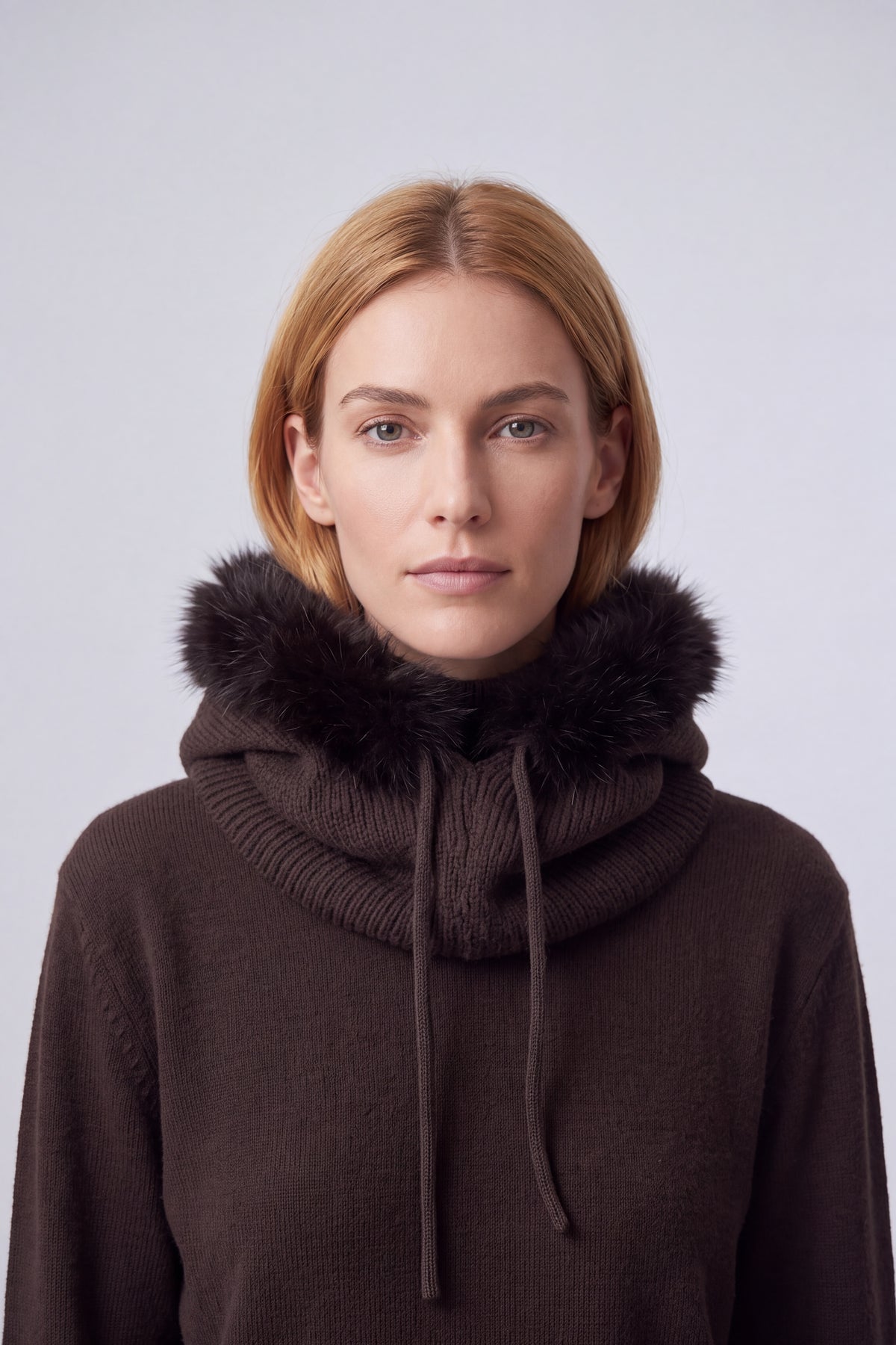 Women’s Faux Fur Trim Knitted Hood Scarf with Tie Fastening