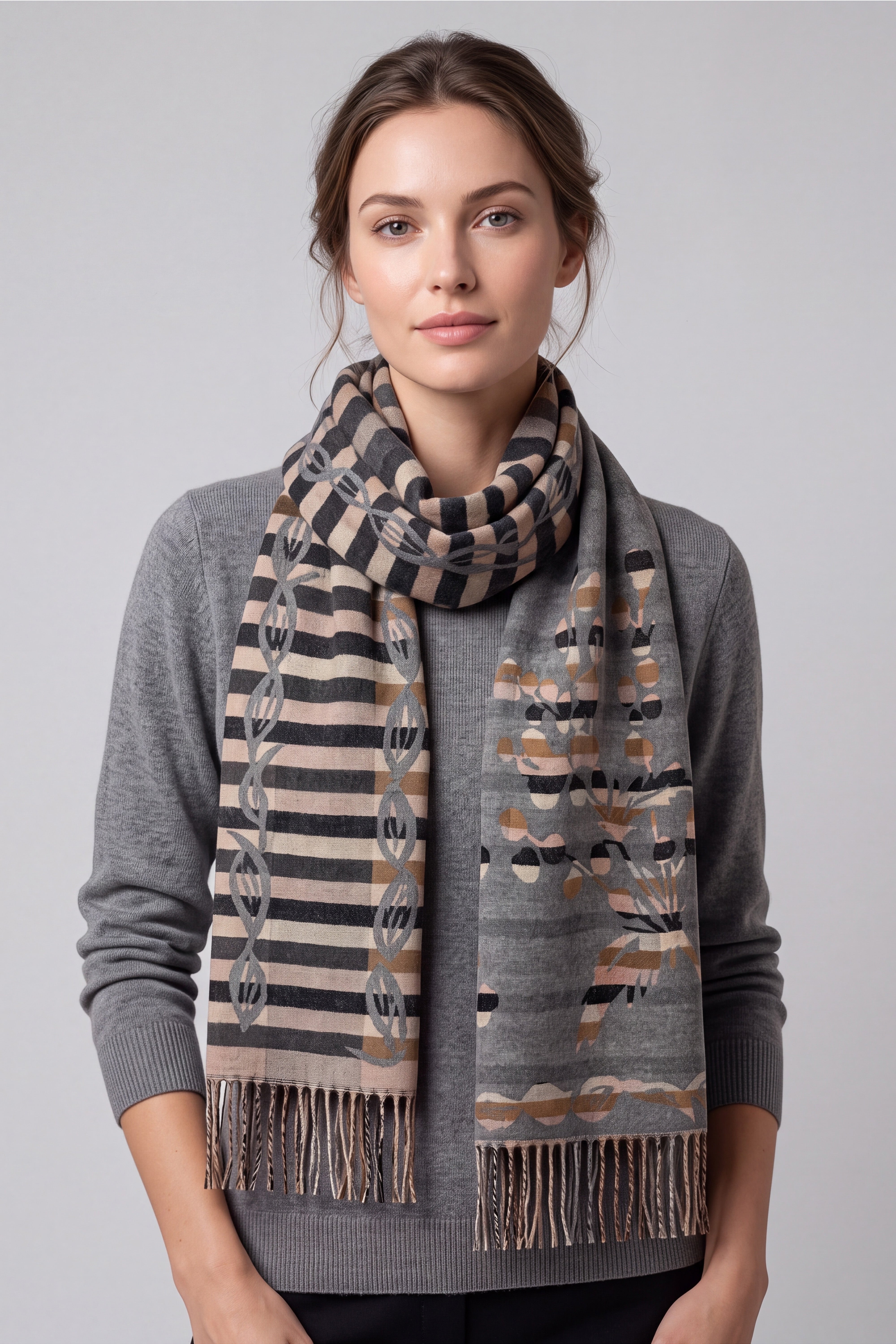 Women’s Abstract Floral & Stripe Tassel Scarf