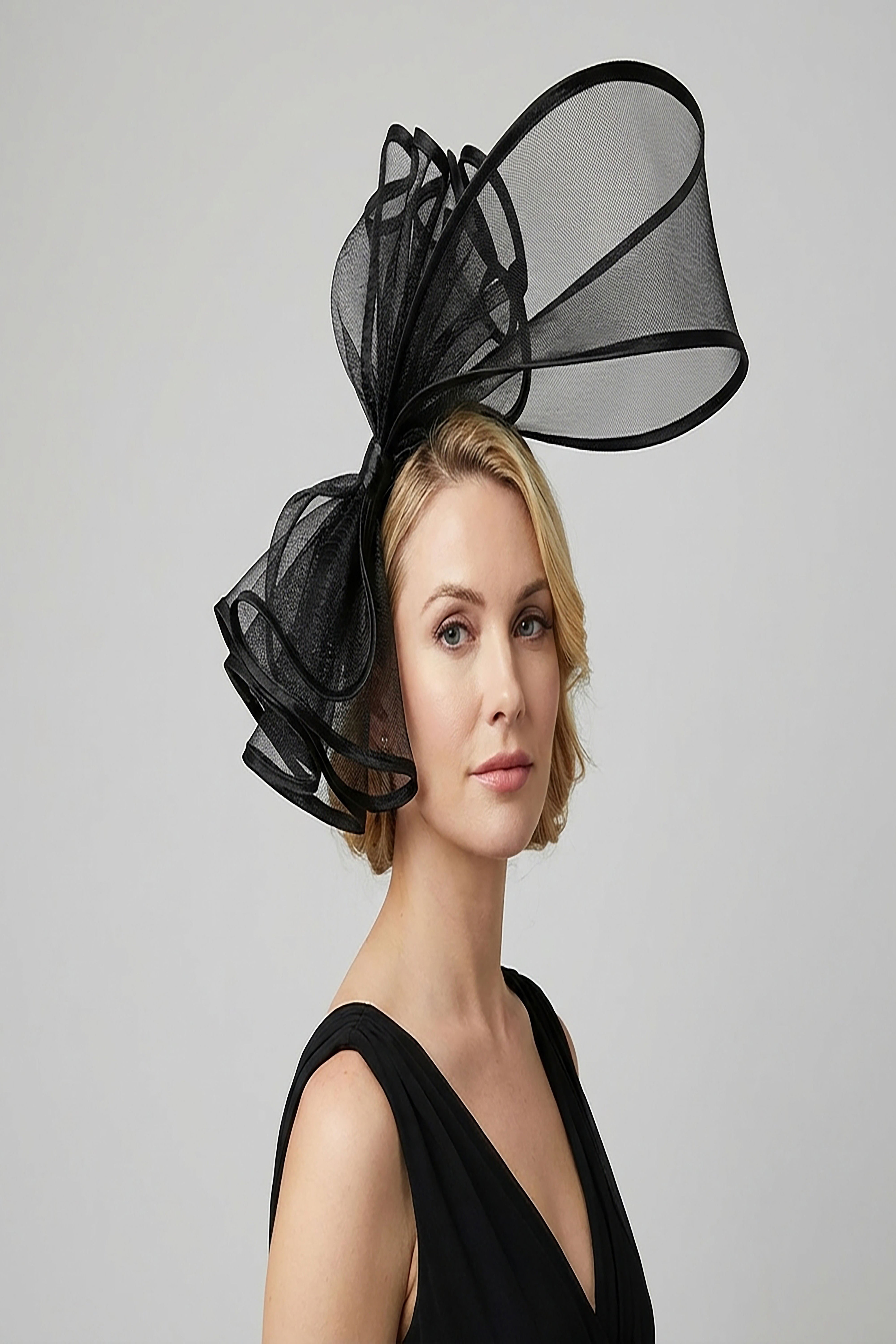 Large Mesh Loop Fascinator Headband with Structured Bow-Knot Design