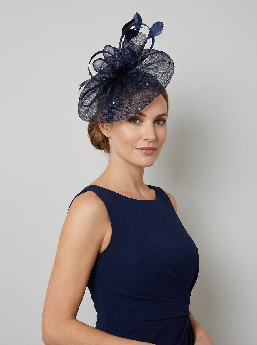 Curled Sinamay Bow Fascinator with Feather Trim Diamonds