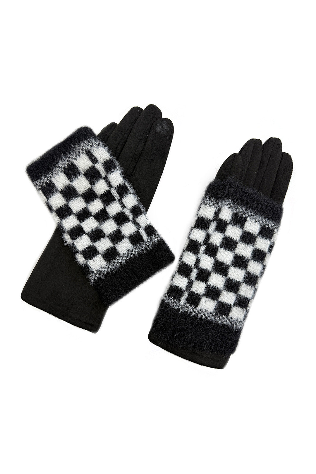 2 Piece -Plain Knit & Check Pattern Fingerless Overlay Gloves