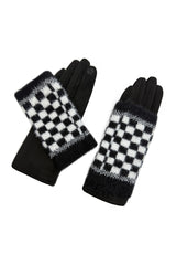 2 Piece -Plain Knit & Check Pattern Fingerless Overlay Gloves