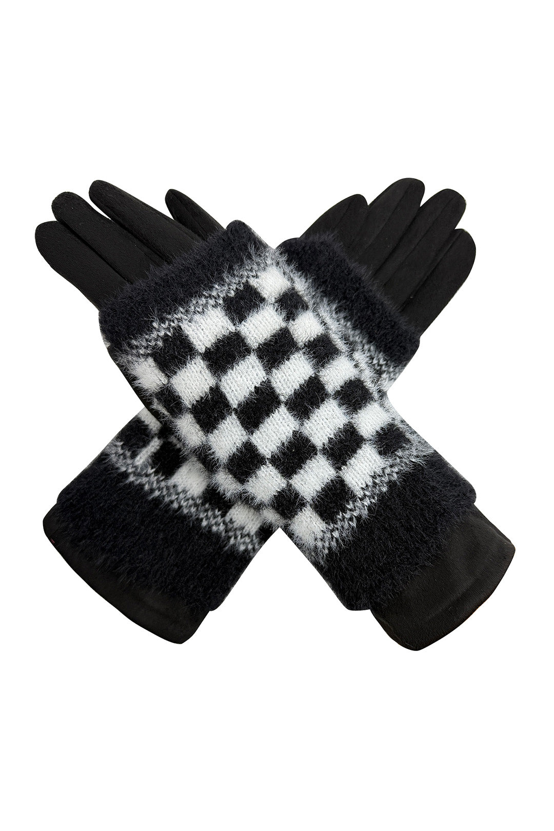 2 Piece -Plain Knit & Check Pattern Fingerless Overlay Gloves