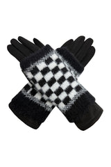 2 Piece -Plain Knit & Check Pattern Fingerless Overlay Gloves