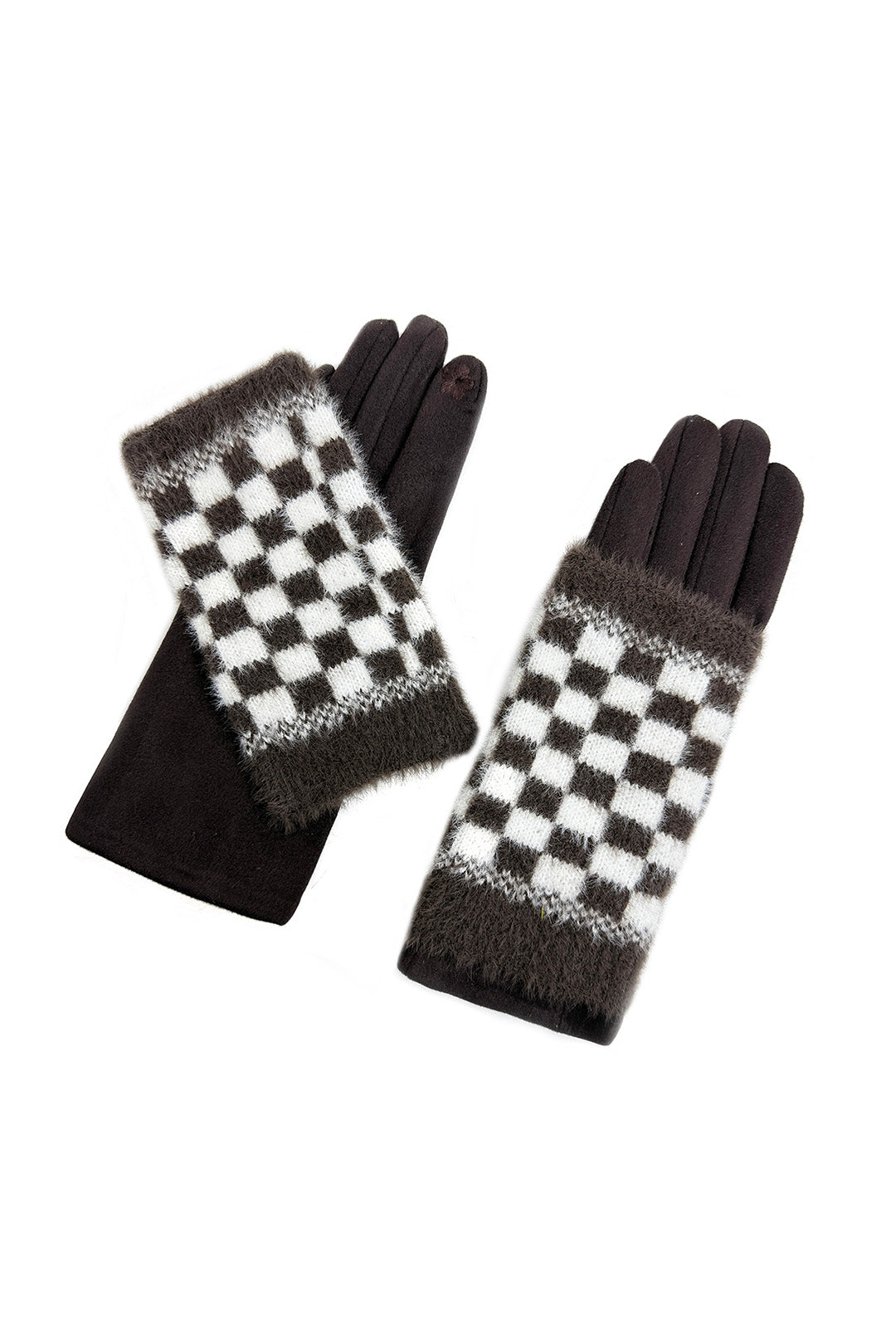 2 Piece -Plain Knit & Check Pattern Fingerless Overlay Gloves
