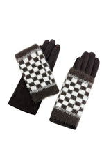 2 Piece -Plain Knit & Check Pattern Fingerless Overlay Gloves