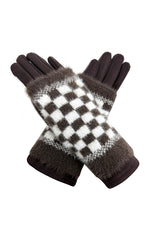 2 Piece -Plain Knit & Check Pattern Fingerless Overlay Gloves