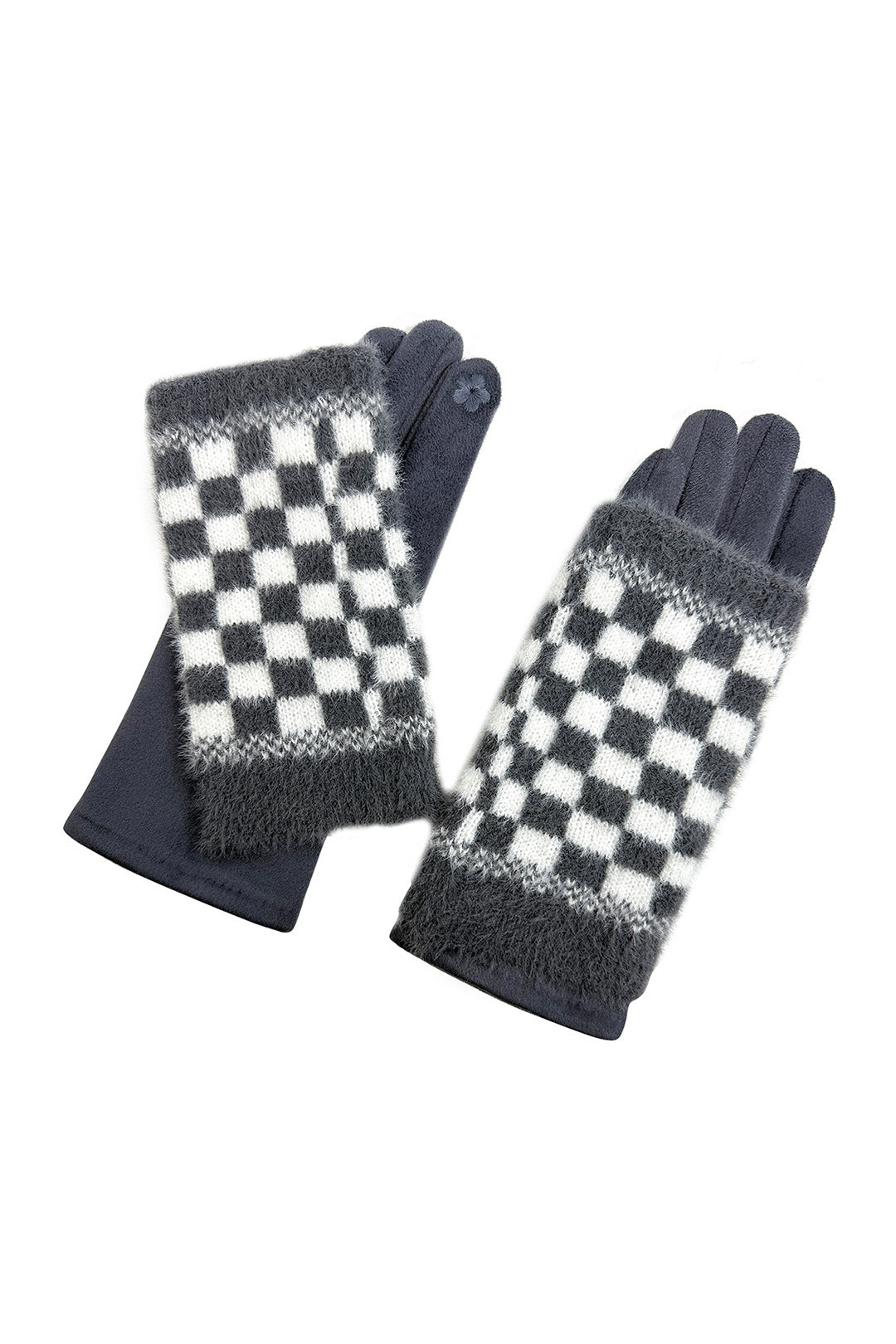 2 Piece -Plain Knit & Check Pattern Fingerless Overlay Gloves