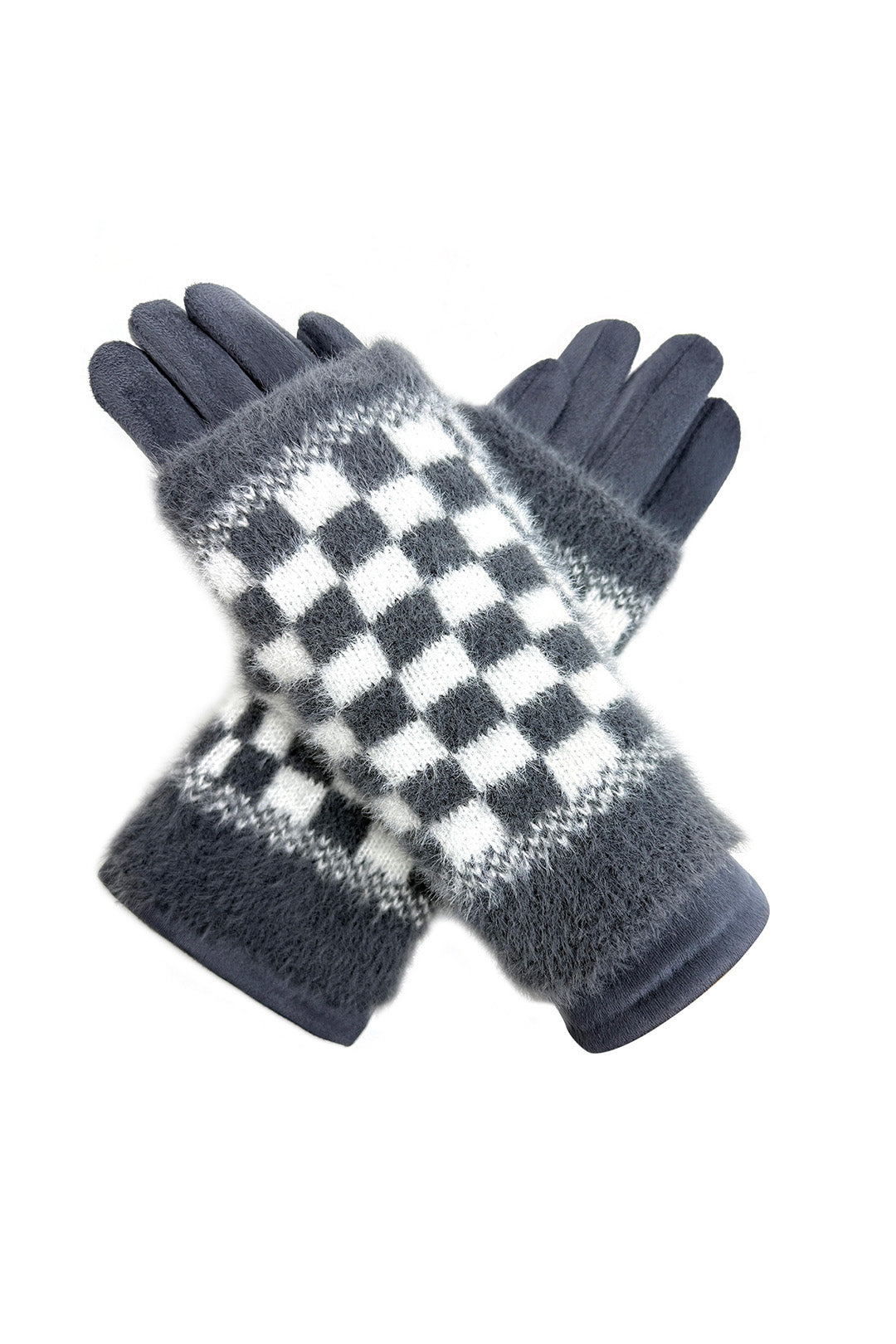 2 Piece -Plain Knit & Check Pattern Fingerless Overlay Gloves