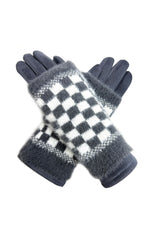 2 Piece -Plain Knit & Check Pattern Fingerless Overlay Gloves