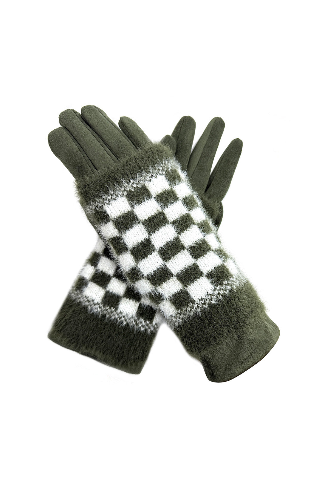 2 Piece -Plain Knit & Check Pattern Fingerless Overlay Gloves