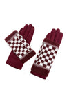 2 Piece -Plain Knit & Check Pattern Fingerless Overlay Gloves