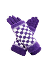 2 Piece -Plain Knit & Check Pattern Fingerless Overlay Gloves