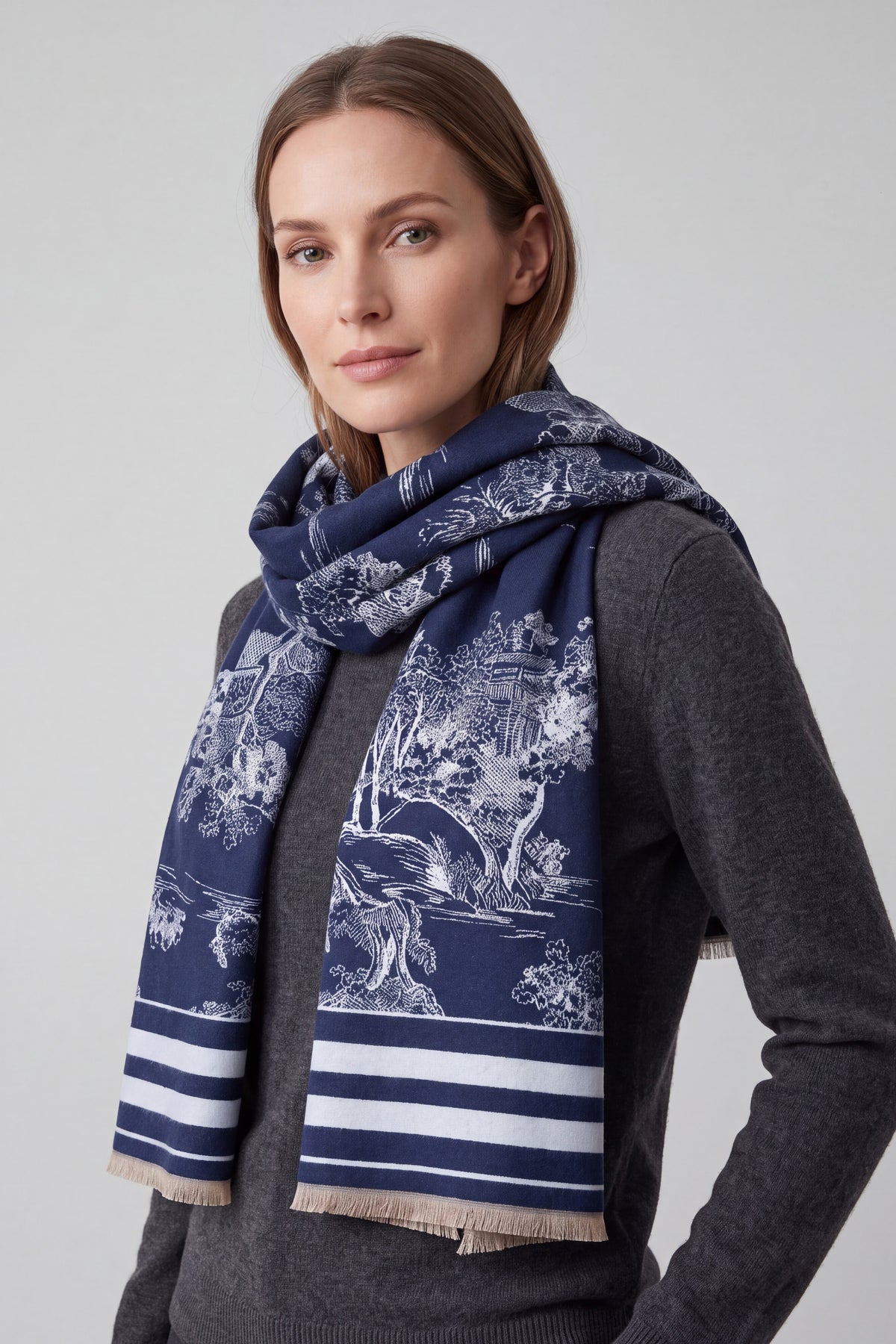 Women’s Toile Print Woven Scarf with Fringed Edge