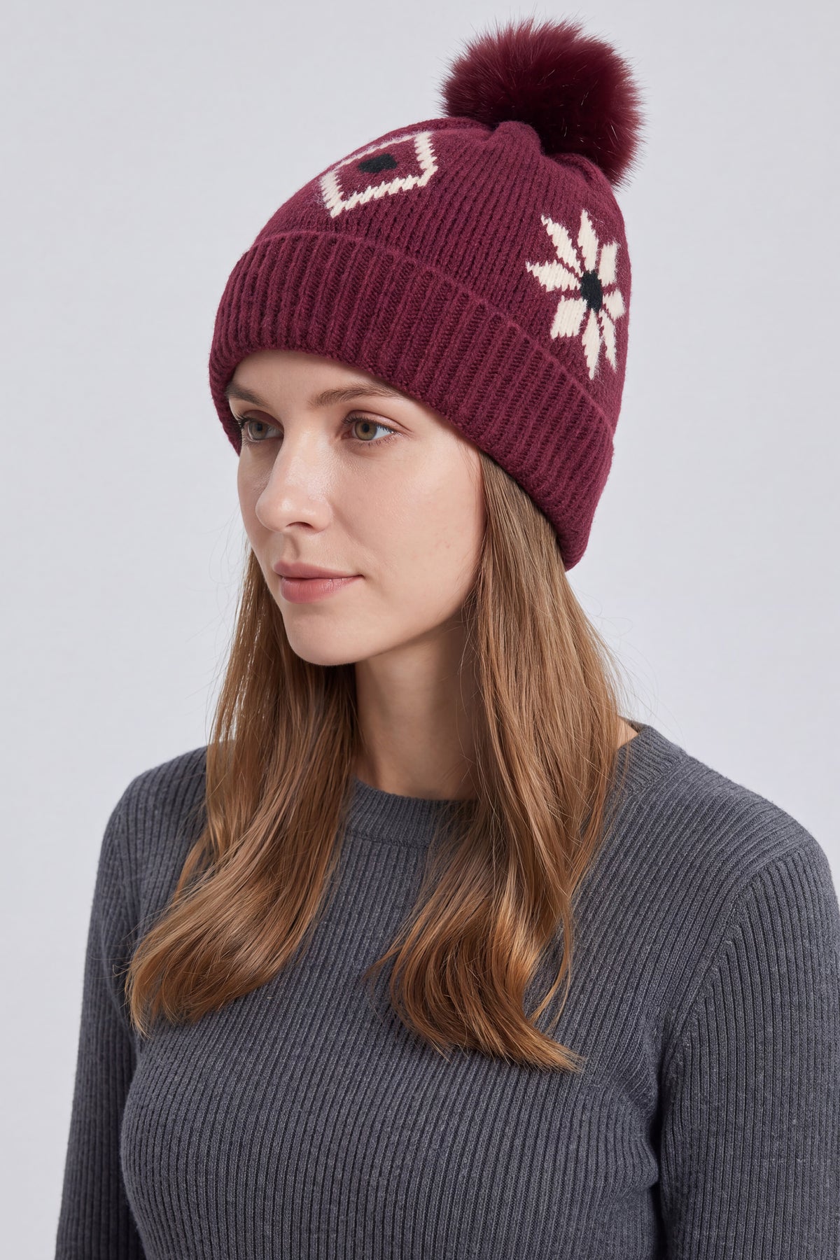 Women’s Nordic Pattern Faux Fur Pom Bobble Hat