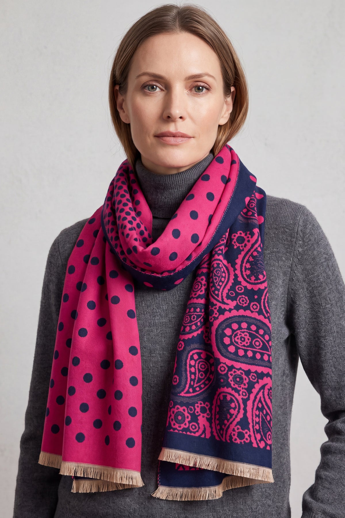 Women’s Paisley and Polka Dot Woven Scarf with Fringed Edges