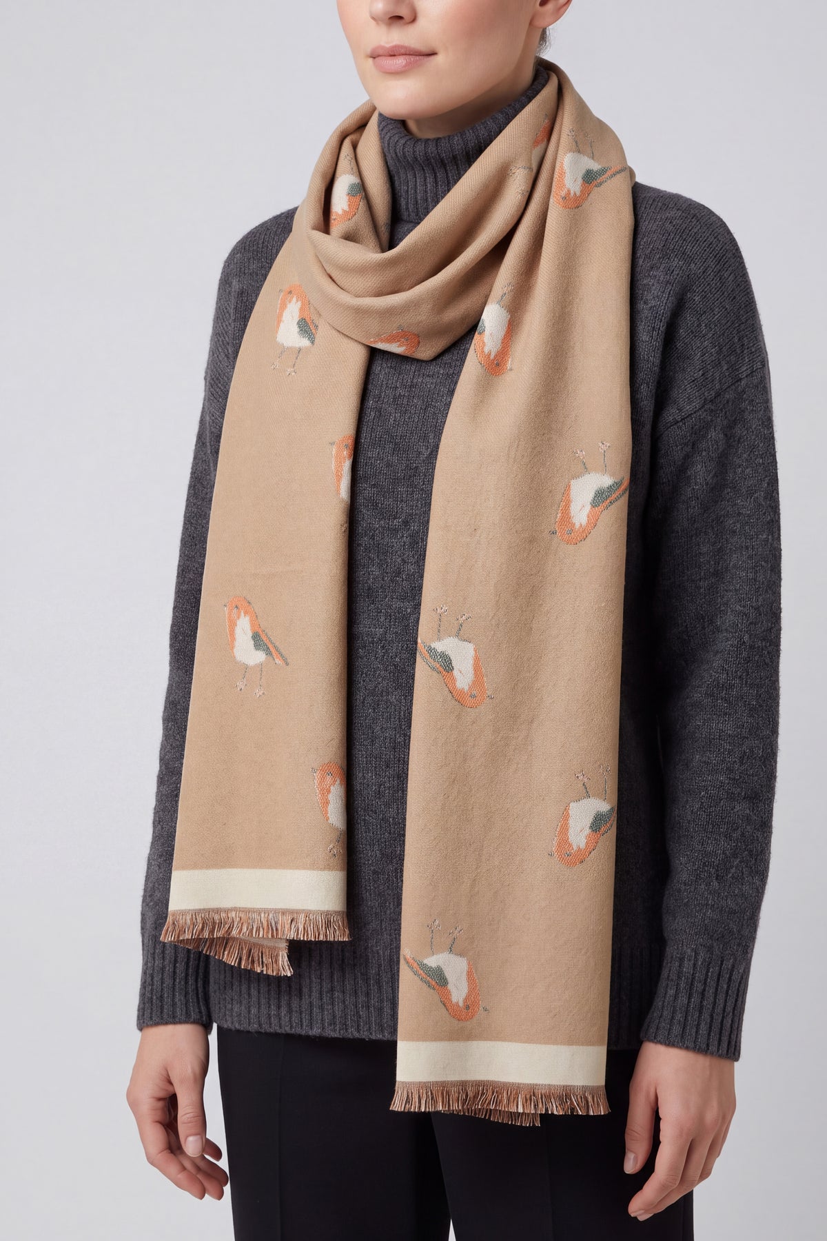 Robin Bird Print Scarf with Contrast Border and Fringed Trim