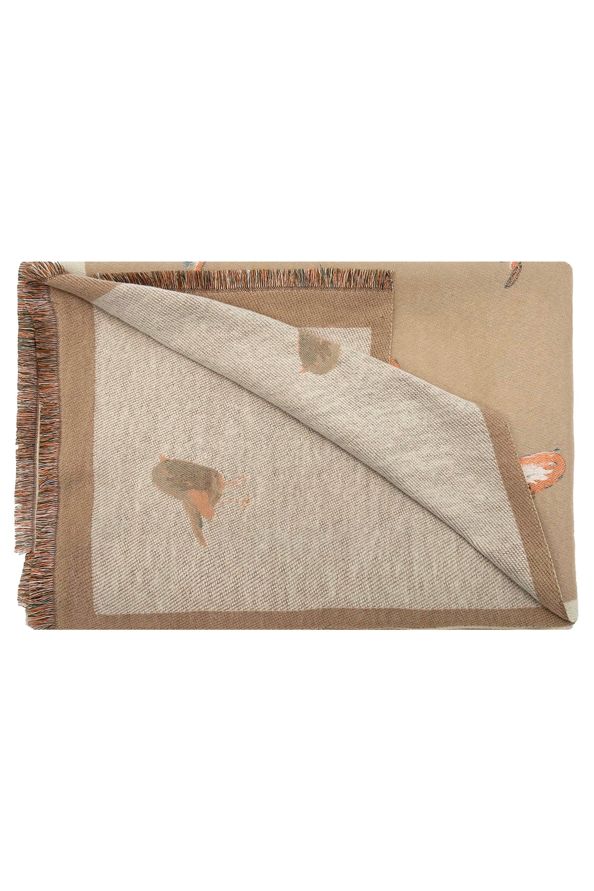 Robin Bird Print Scarf with Contrast Border and Fringed Trim