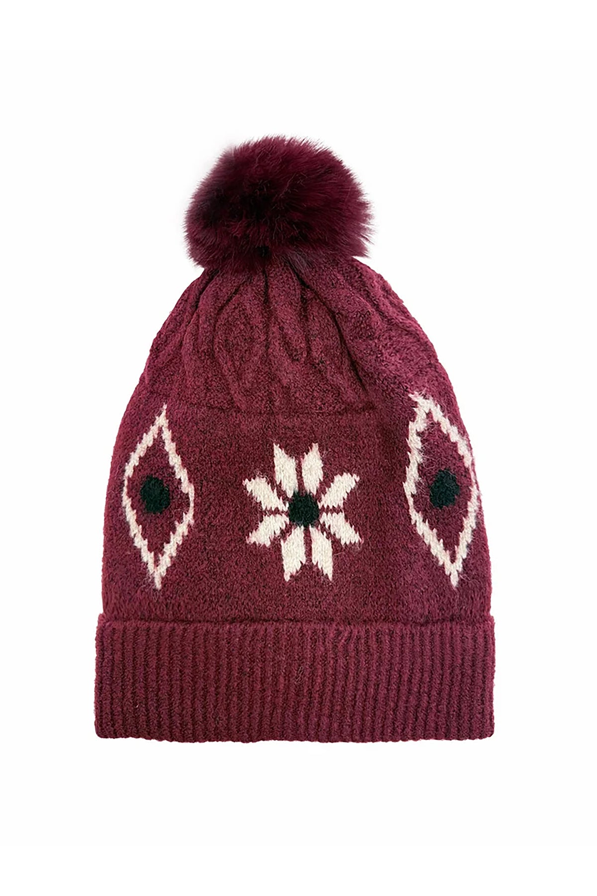 Women’s Nordic Pattern Faux Fur Pom Bobble Hat