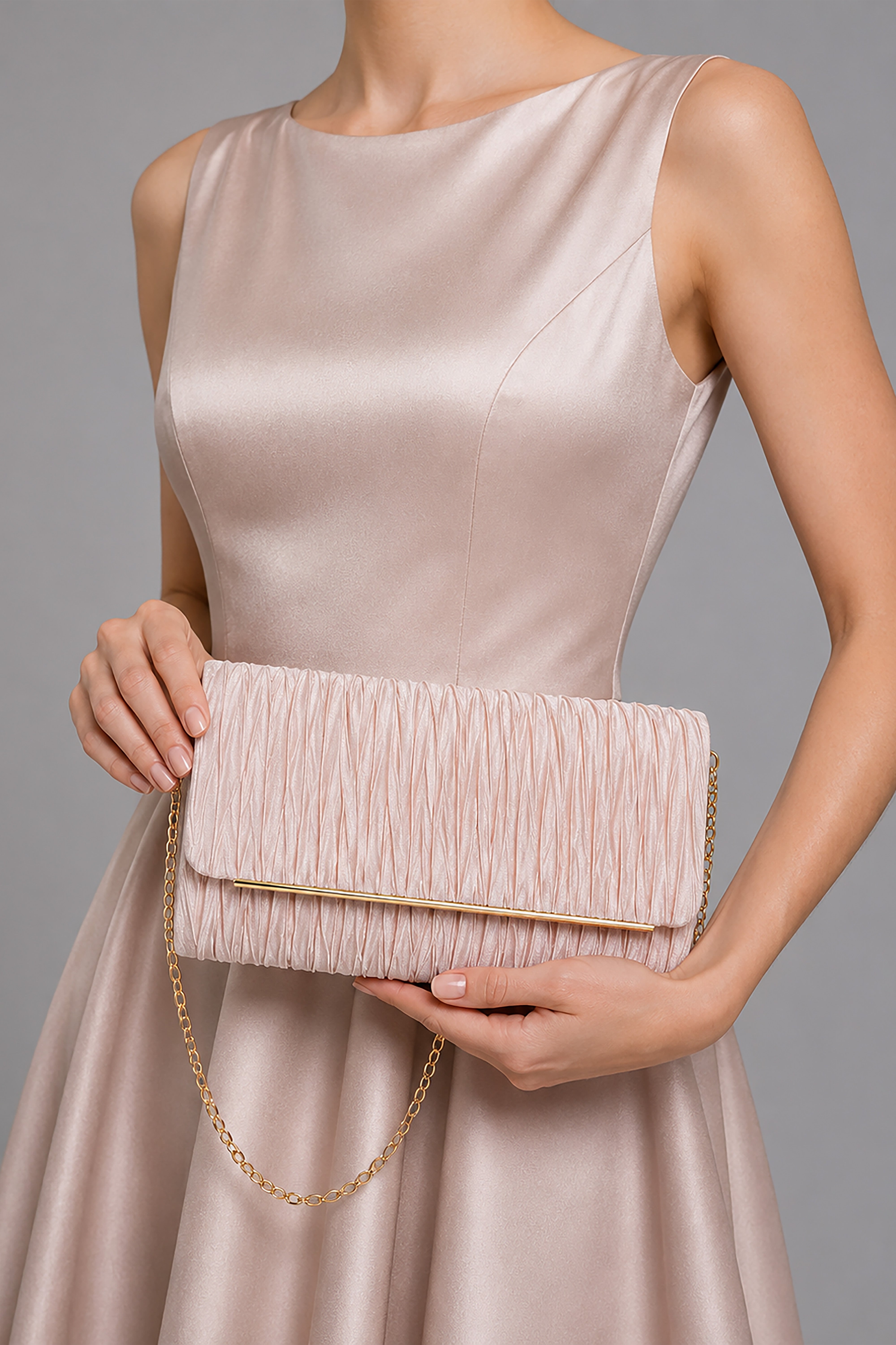 Ruched Satin Envelope Clutch Bag with Detachable Chain Strap