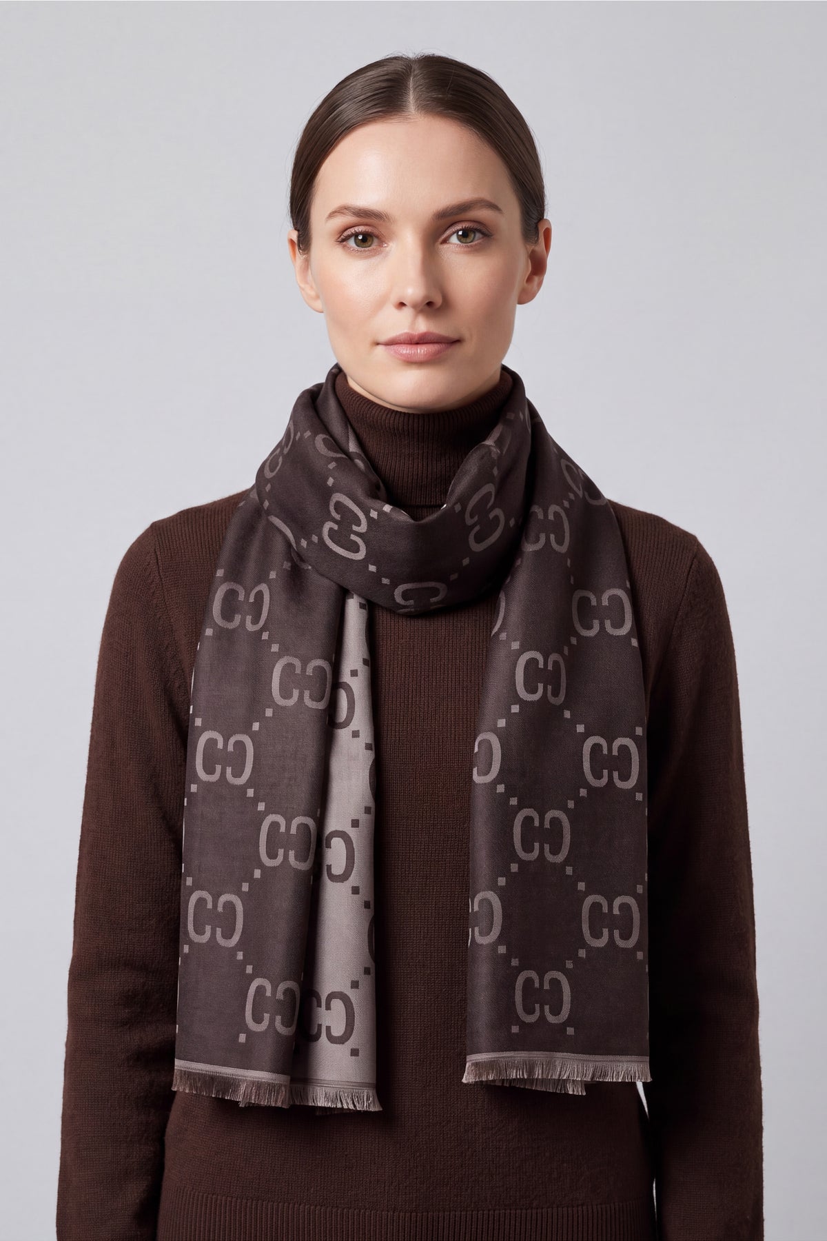 Women’s Reversible Monogram Pattern Scarf with Fringed Trim