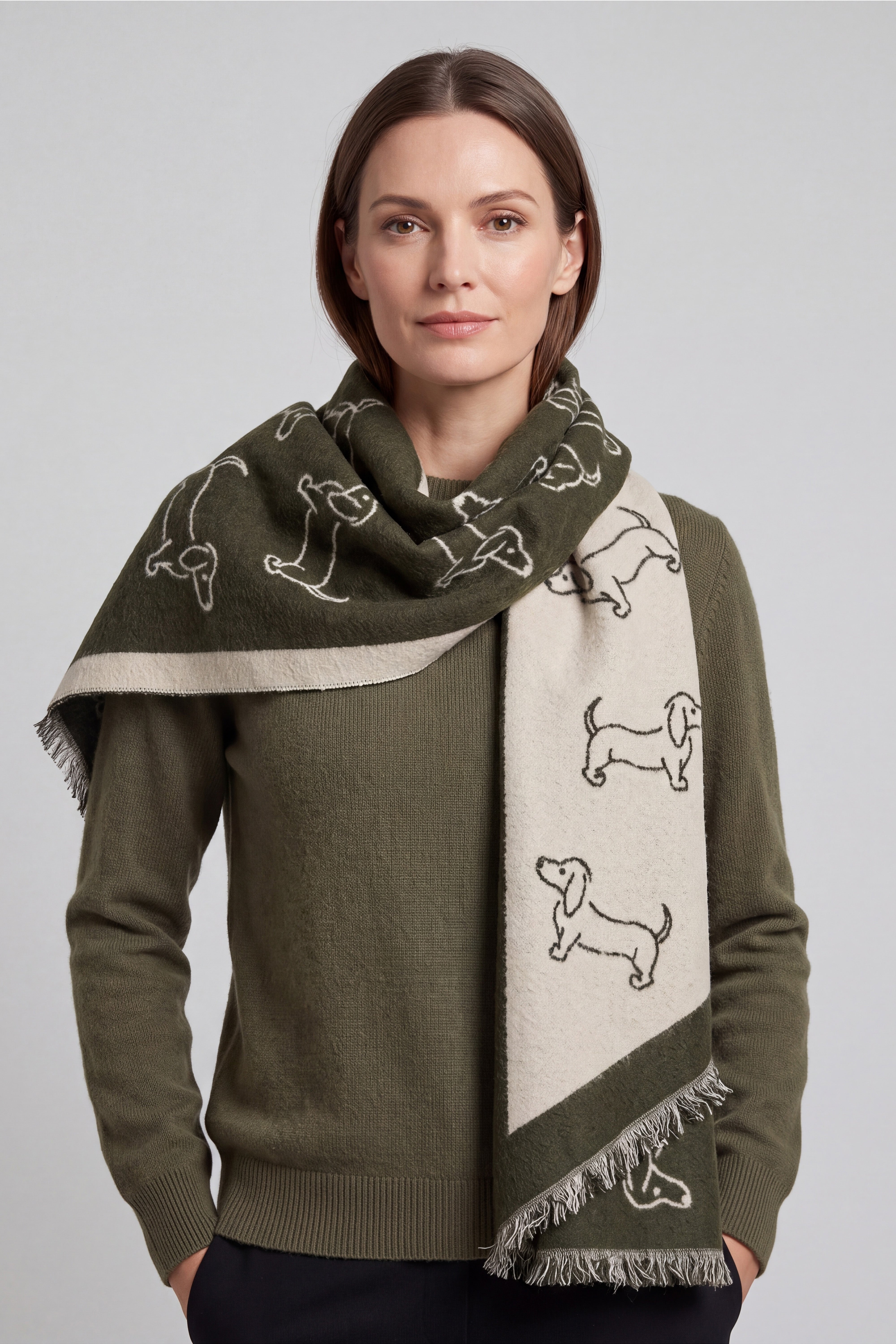 Women’s Dachshund Sausage Dog Print Scarf with Fringed Trim